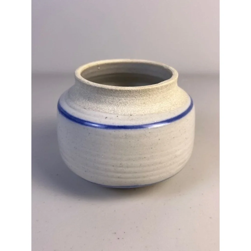 Studio Pottery Signed Small Speckled White Blue Stripe Bud Vase Stoneware 3in